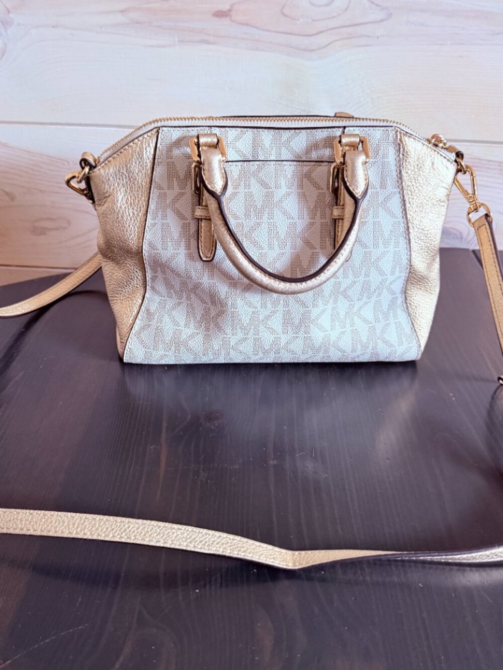 Michael Kors Ciara Satchel Tote Handbag Shoulder Bag Beige Tan Logo